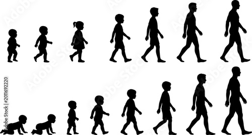 Schilderij op canvas Human life cycle silhouette collection showing stages of growth from crawling baby to toddler, child, teenager, and adult man isolated on white background