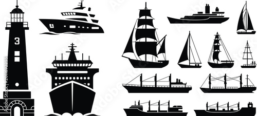 Tablou pe pânză Black silhouette maritime icons set featuring lighthouse cargo ships sailboats y