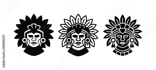 Foto Mayan Aztec Iconography, Indigenous Tribal Faces with Feather Headdresses, Ancie