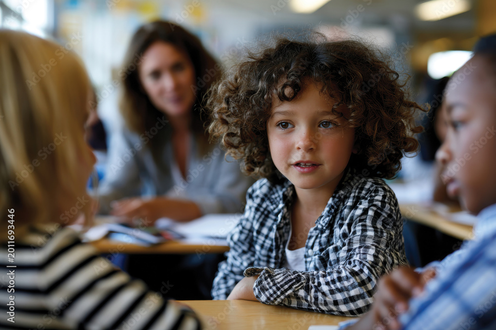 Obraz premium Pensive Child Engaged in Classroom Discussion with Peers, Educational Communication and Collaboration, Thoughtful Learning Environment, Student Interaction and Engagement