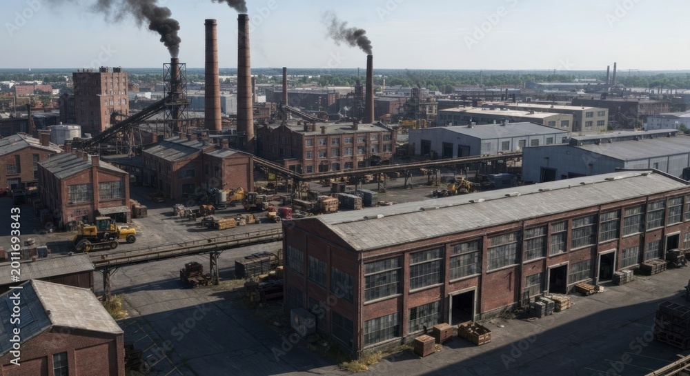 Fototapeta premium An aerial view of a sprawling industrial complex. Large brick buildings, smokestacks billowing dark smoke, and machinery are visible in a vast open area
