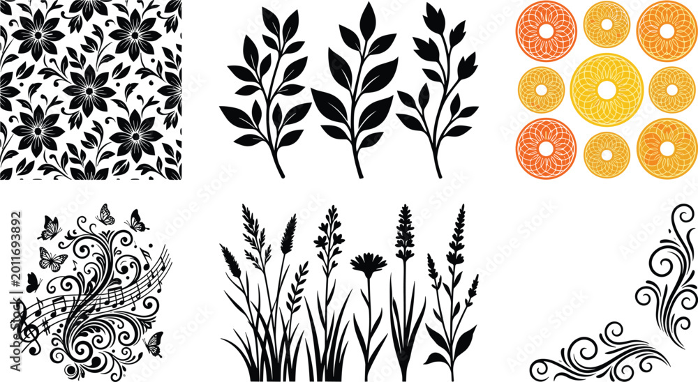 Obraz premium Collection of botanical silhouettes featuring floral patterns, leaf branches, musical flourishes, meadow grass, and elegant scroll ornaments.