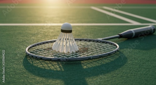 Badminton racket and shuttlecock on a court at sunset