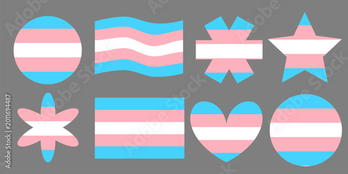 Foto Transgender pride flag symbols in different shapes, trans identity icons includi