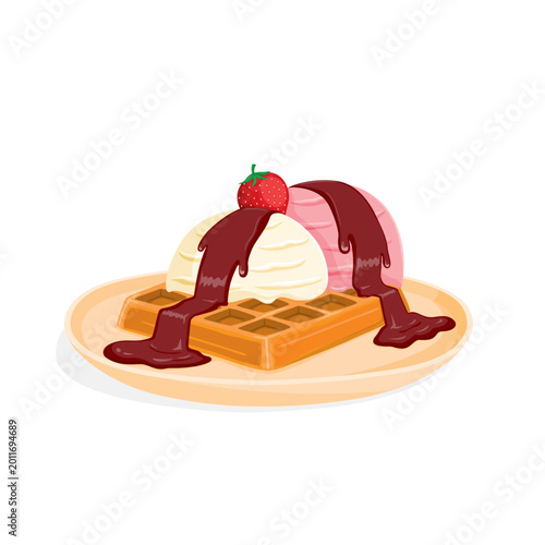 Soft Shaded Waffle with Ice Cream and Chocolate Syrup Vector