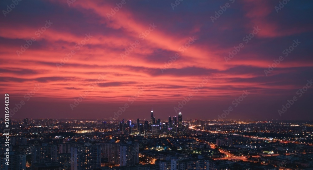 Fototapeta premium City skyline at dusk, vibrant pink and purple sunset