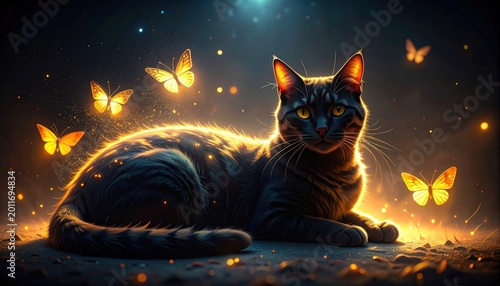 Cat reclines as glowing butterflies float in starlit dusk with magical effect