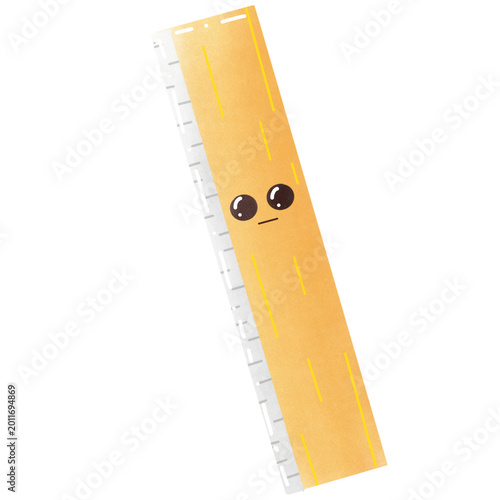 Cute yellow ruler character with a face, watercolor school supply illustration