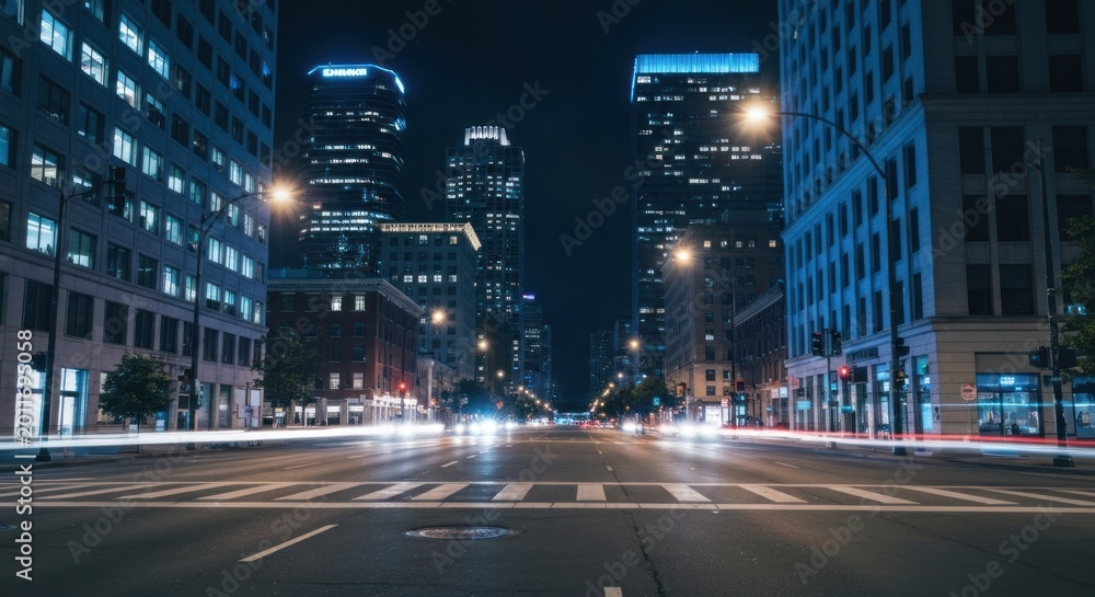 Fototapeta premium City street at night, illuminated by car lights. Skyscrapers line the avenue