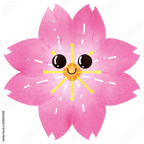 Cute pink cherry blossom flower character with a smiling face, watercolor Sakura illustration