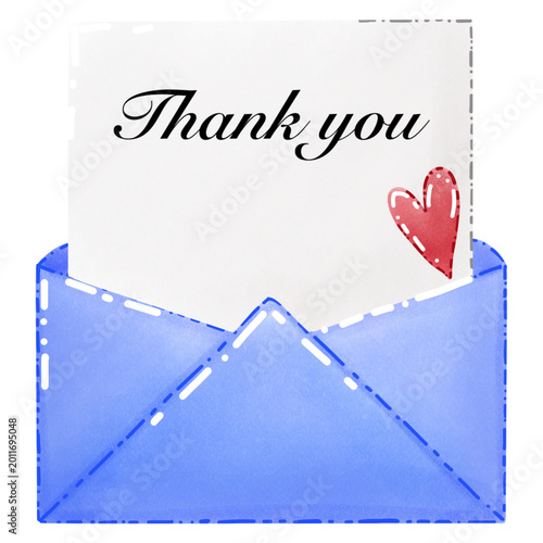 Watercolor illustration of a blue envelope with a Thank you card and a red heart