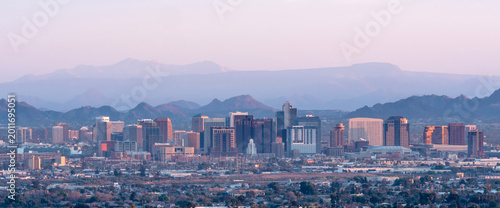 Panoramic Phoenix Arizona Skyline at Sunset with Desert Mountains