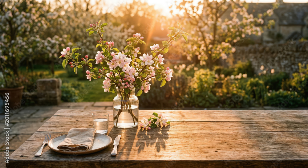 Fototapeta premium Bouquet of spring cherry blossoms in a glass vase on a rustic wooden table in a blooming garden during a golden hour sunset, peaceful outdoor dining concept