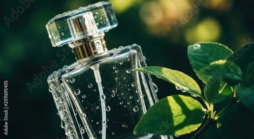 Clear perfume bottle with water droplets, nestled amongst lush greenery