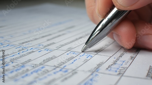 Person holds a silver pen and fills out a paper form with handwritten notes.