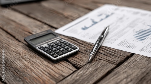 Financial documents and a calculator rest on a rustic wooden desk.