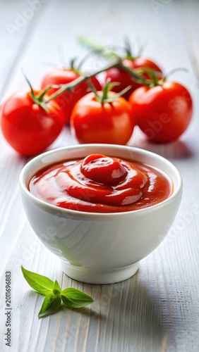 A realistic photo of Red tasty ketchup or tomato sauce in bowl isolated on white background