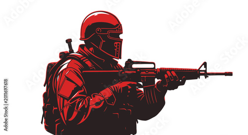 Foto Soldier with Assault Rifle, Red and Black, White Background