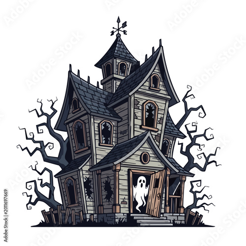 Fotografie Spooky Haunted Mansion with Ghostly Apparition.