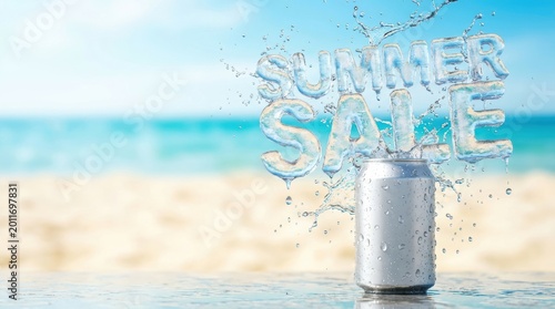 Ice letters spell SUMMER SALE with splashing water next to a cold aluminum can on a beach
