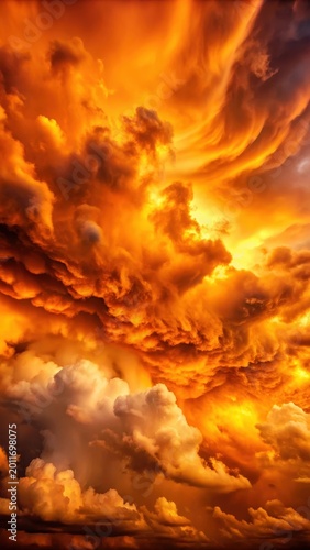 A photo of dramatic storm sunset clouds against a fiery orange sky, engulfing the heavens in a mesmerizing cloudscape background