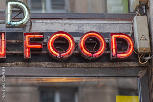 Retro Style Red Neons Sign Food at Fast Food Restaurant Commercial