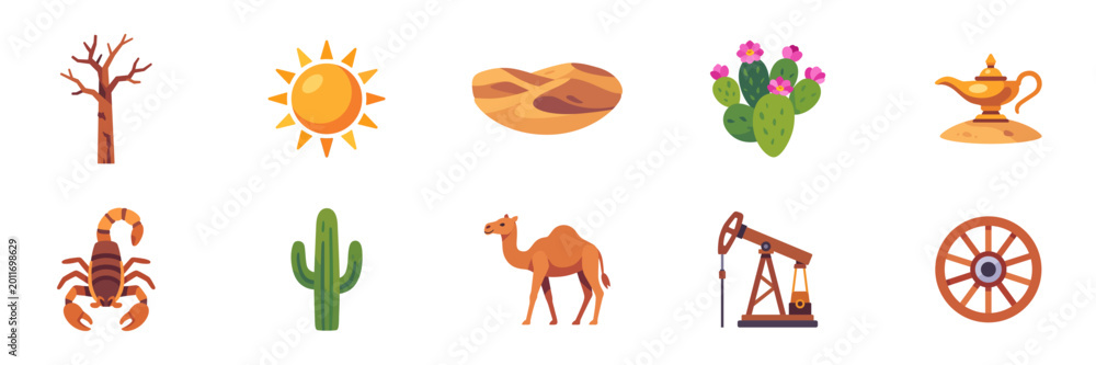 Obraz premium Set of desert nature and travel icons for arid landscape and wildlife, colorful collection with illustrations