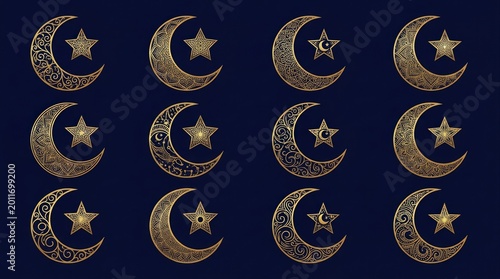 Ornate golden crescent moon and star icons set with intricate arabesque patterns on dark blue background