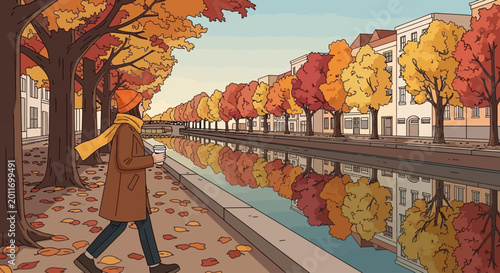 A person enjoys a cozy autumn walk along a scenic city canal.