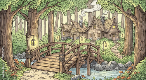 Tablou pe pânză Whimsical illustration of an enchanted village in a fairy tale forest with a wooden bridge