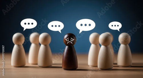Excluded wooden figure with sad expression facing group with speech bubbles, exclusion