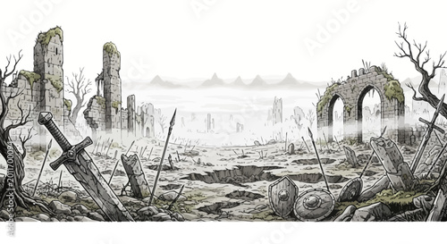 Cuadro en lienzo Ruined castle and desolate battlefield with medieval weapons.