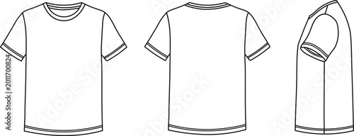White T-Shirt Mockup Front Back and Side View Vector Outline Template for Clothing Design and Branding