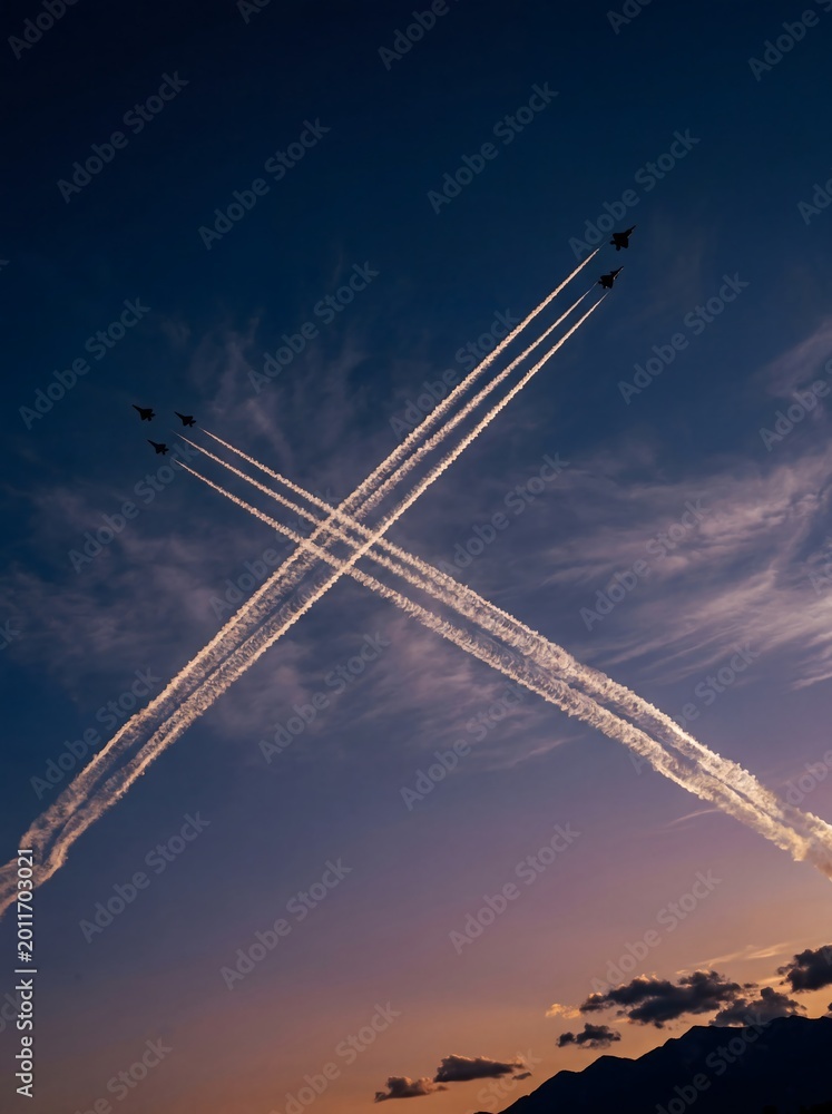 Fototapeta premium Fighter Jets Crossing Paths Symbolizing Global Military Rivalry