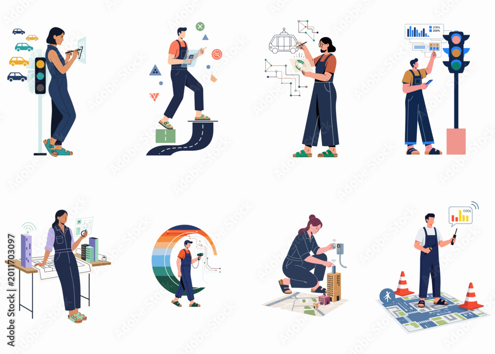 Fototapeta premium Set of diverse professionals working on smart city infrastructure, urban planning, transportation systems, and advanced technology integration for modern sustainable urban development.