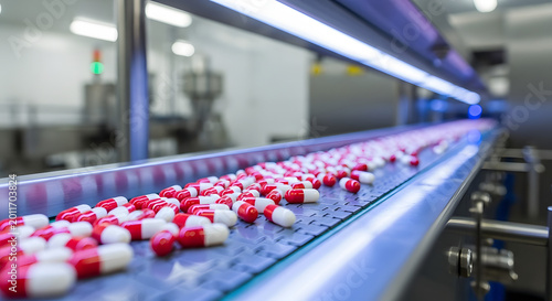 Pharmaceutical capsules on a production line in a factory
