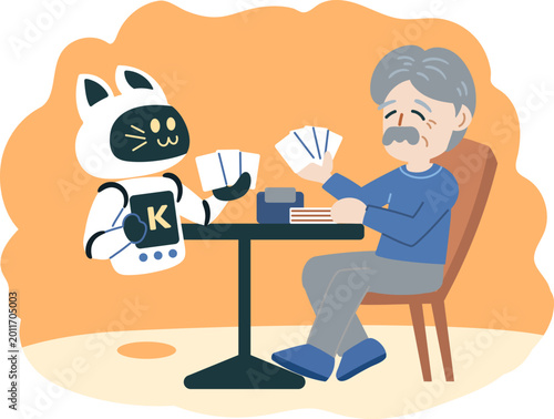 AI cat robot playing cards with senior man for companionship illustration.