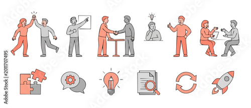 Fotografie Business People Teamwork Icons Set - Collaboration, Success, Communication and Strategy Development Concepts