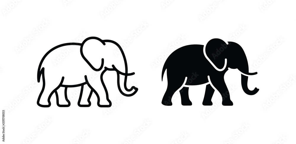 Obraz premium Elephant Icons, Black and White Vector Graphics, Simple Animal Silhouettes for Design