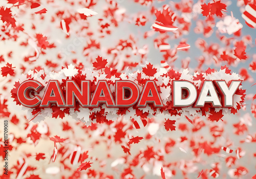 Canada day celebration with red maple leaf confetti