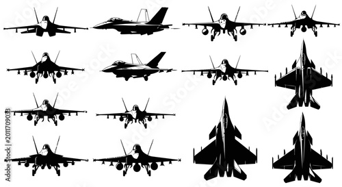 Fotografie Modern Fighter Jets Silhouette Collection - Military Aircraft Vector Icons