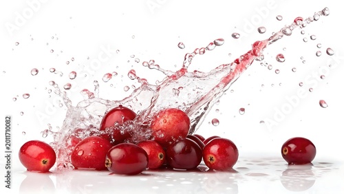Red cranberries splashing in water with droplets and reflections