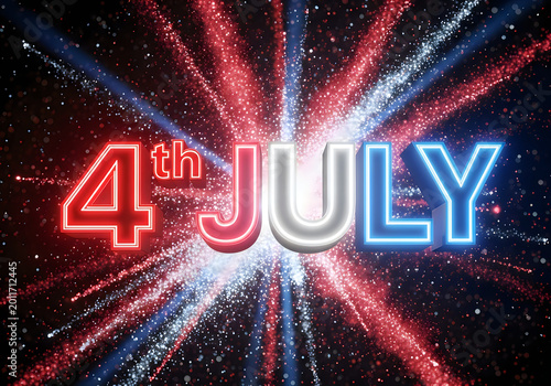 4th of july celebration with fireworks and neon text
