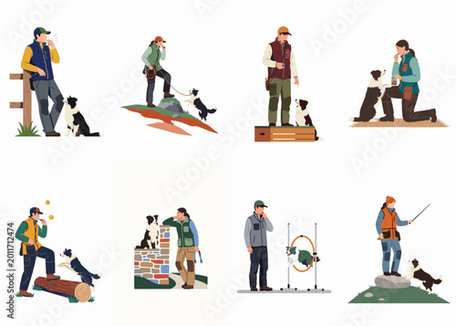 Tableau sur toile Flat illustration set showing various people training and interacting with Border Collie dogs in different outdoor and indoor agility and obedience settings