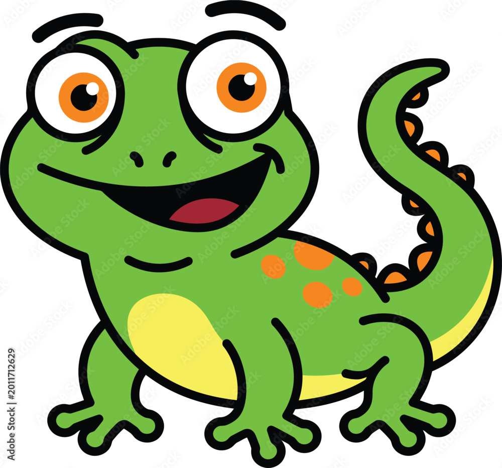 Fototapeta premium Cute cartoon green lizard with big orange eyes vector illustration