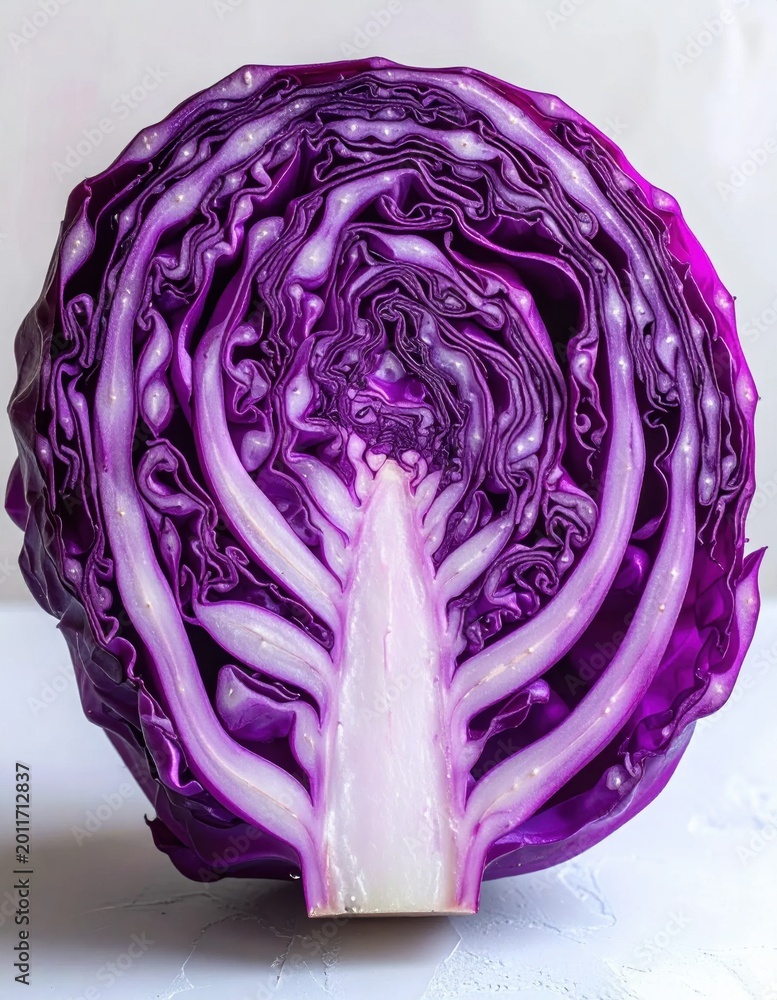 Obraz premium Cross section of a fresh red cabbage showing intricate purple leaves and thick white stem structure close up macro photography
