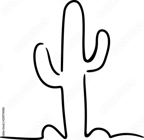 Simple line drawing of a cactus in a minimalist desert setting