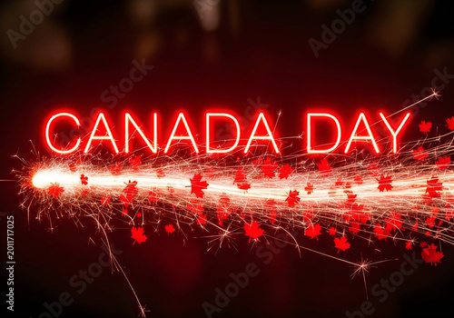Canada day neon sign with fireworks and maple leaves