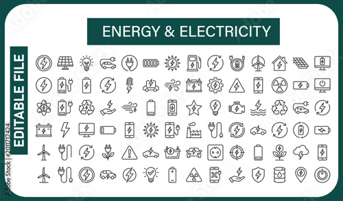 Fotografía Energy and Electricity thin line icons set