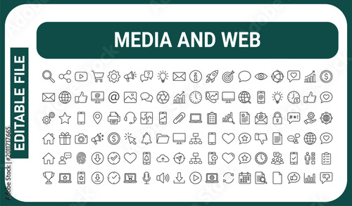 Billede på lærred Media thin line icons set